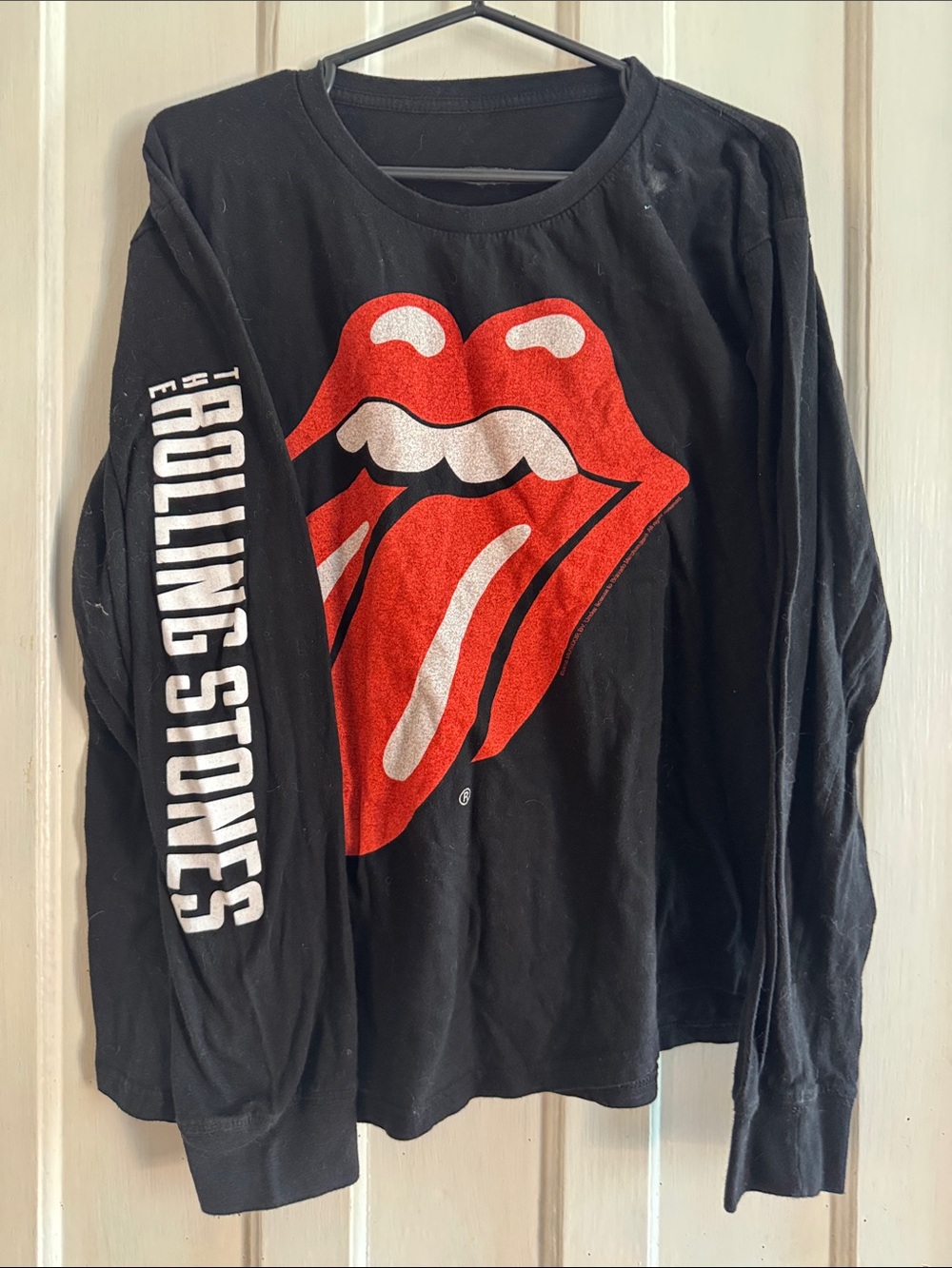the Rolling Stones Black Long-Sleeve Tee with Red Tongue Graphic